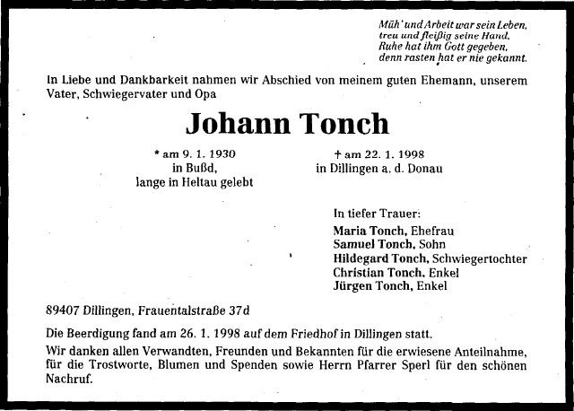 Tonch Johann 1930-1998 Todesanzeige